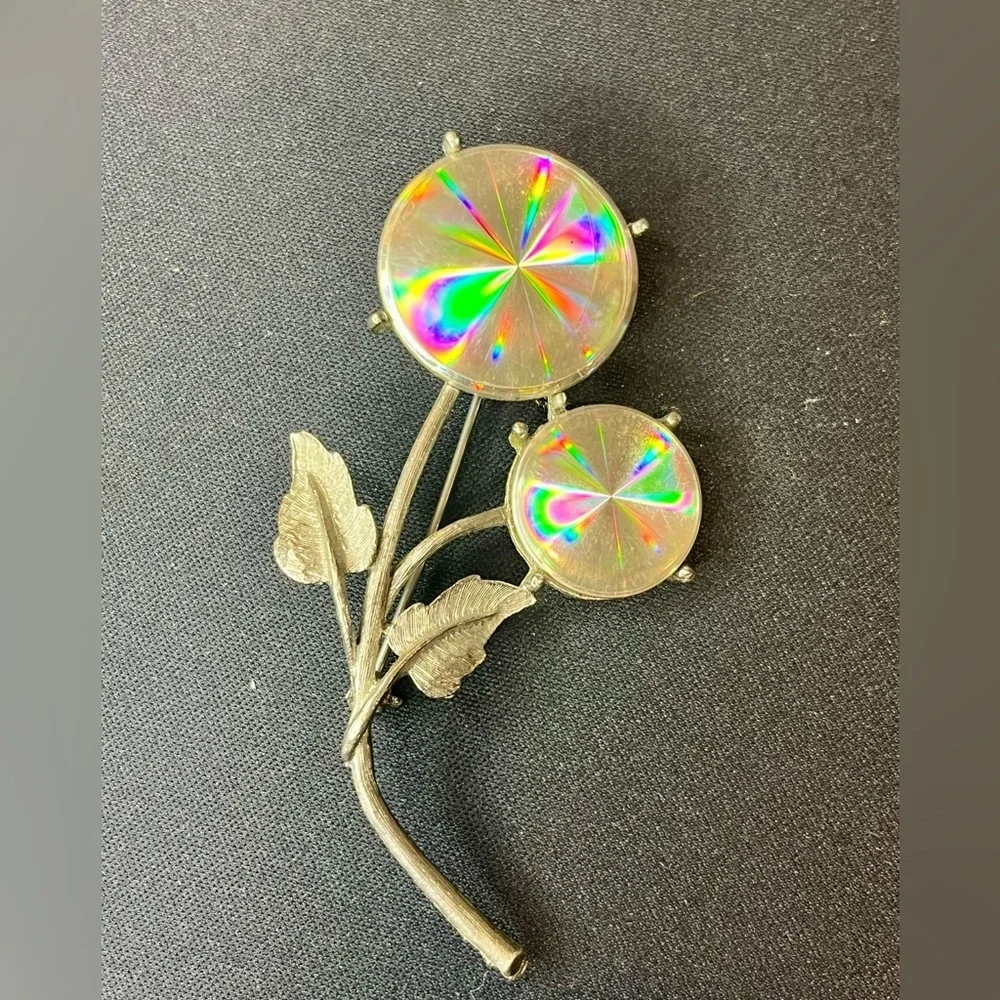 Vintage Jewelarama Flower Brooch Silver Tone Iridescent Cabochon Pin